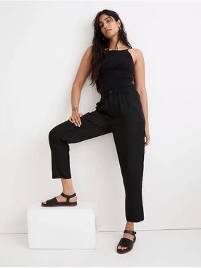 Madewell Linen Blend Pull On Tapered Pants Black Petite 6P Elastic Waist